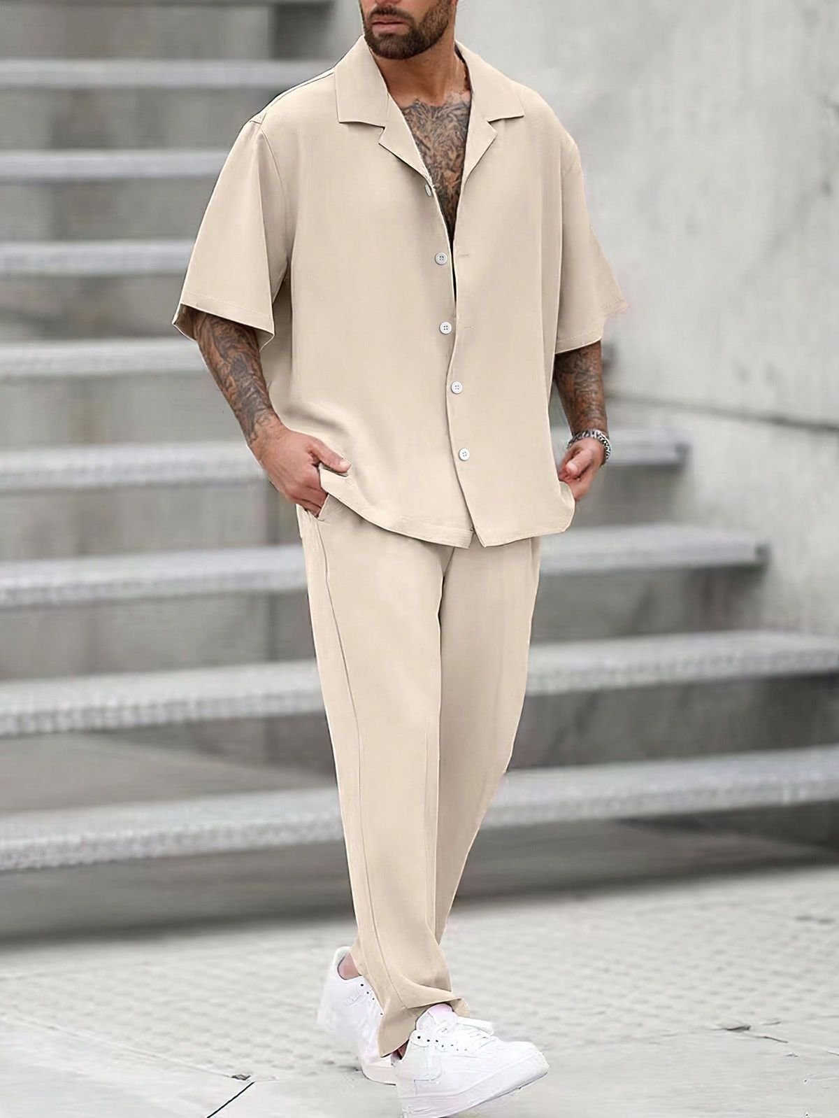 Loose-Fit Men Solid Color Lapel Neck Shirt And Pants